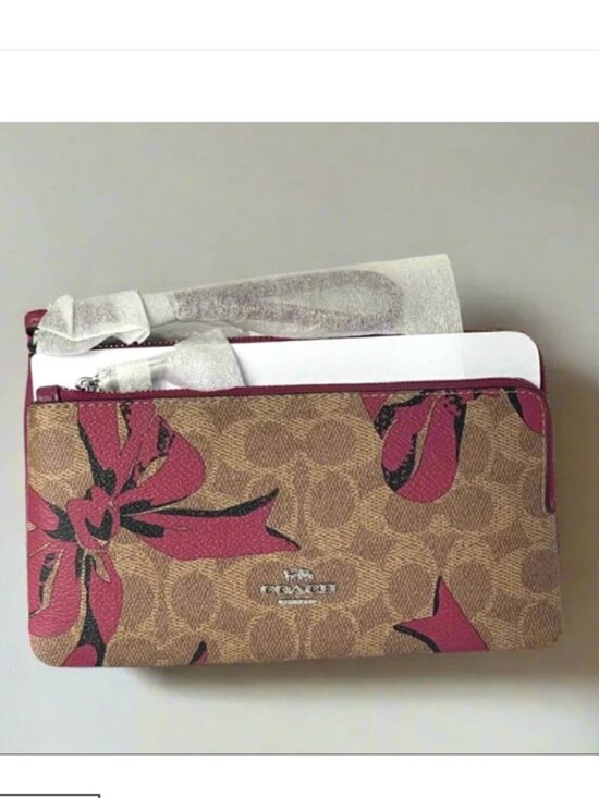 Coach Handbags - Coach CAA84 Double Zip Phone Wallet Red Bow Signature Canvas Wristlet